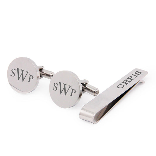 Personalised engraved stainless steel mens round cufflinks with tie pin set | groom groomsman best man father husband wedding birthday