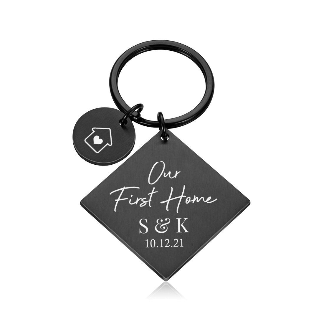 Personalised Our First Home Square Metal Keyring with Round Charm