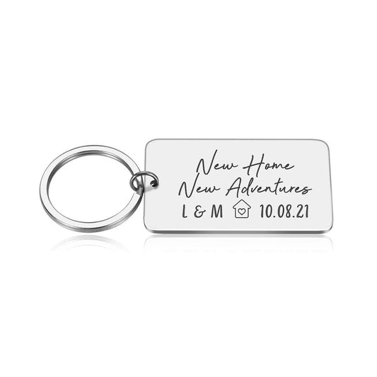 Personalised "New Home, New Adventures" Engraved Rectangle Metal Keyring