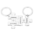 2 x personalised interlocking jigsaw puzzle keyrings set with name, date and heart symbol