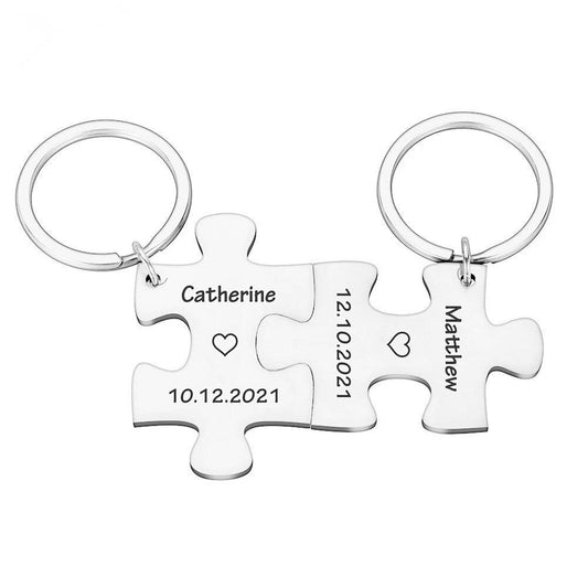 2 x personalised interlocking jigsaw puzzle keyrings gift set | custom names date wedding anniversary valentines day family gift keychains