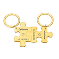 2 x personalised interlocking jigsaw puzzle keyrings set with name, date and heart symbol