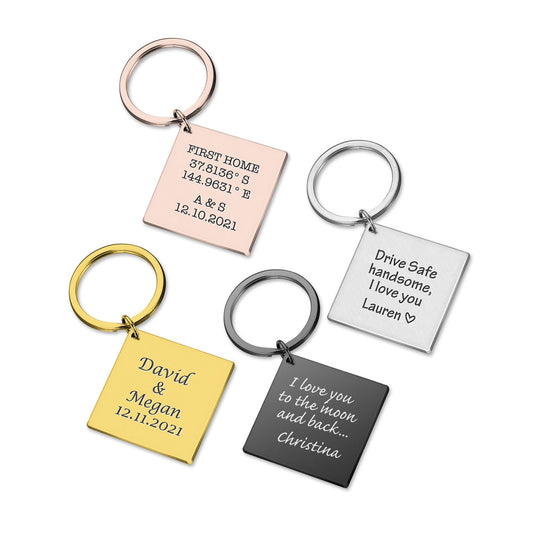 Personalised custom text names date initials square keyring gift | boyfriend dad mum grandpa couple anniversary | steel keychain