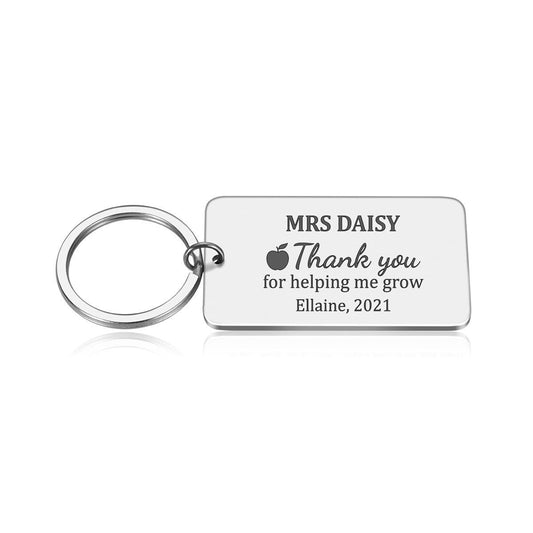 Personalised thank you for helping me grow teacher keyring gift | custom names end of the term christmas apple | silver black gold keychain