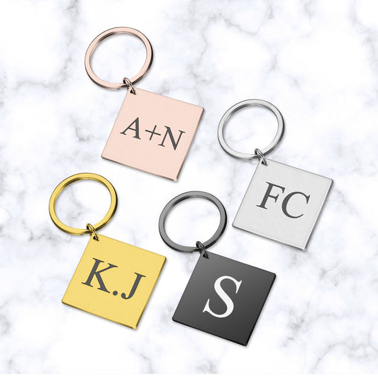 Personalised engraved square metal custom alphabet initial keyring