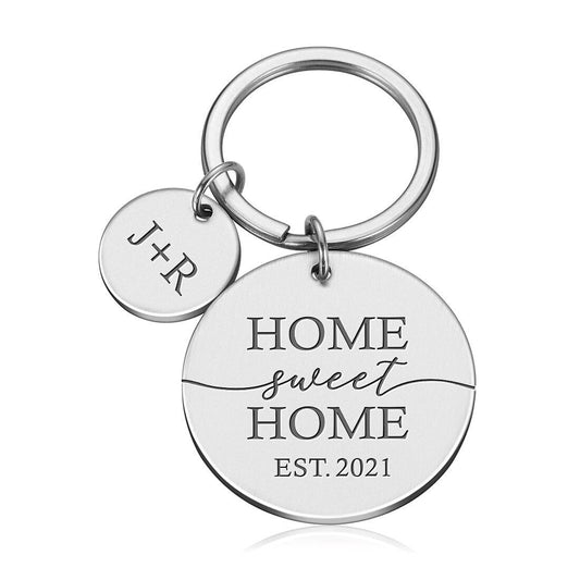 Personalised home sweet home keyring gift | custom date & initials wedding new home housewarming first home | stainless steel metal keychain