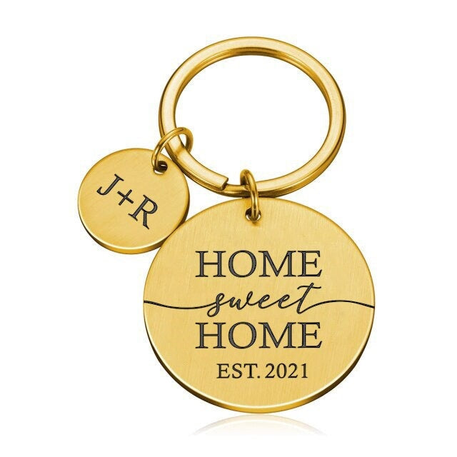 Personalised Our First Home Round Metal Keyring with Round Charm