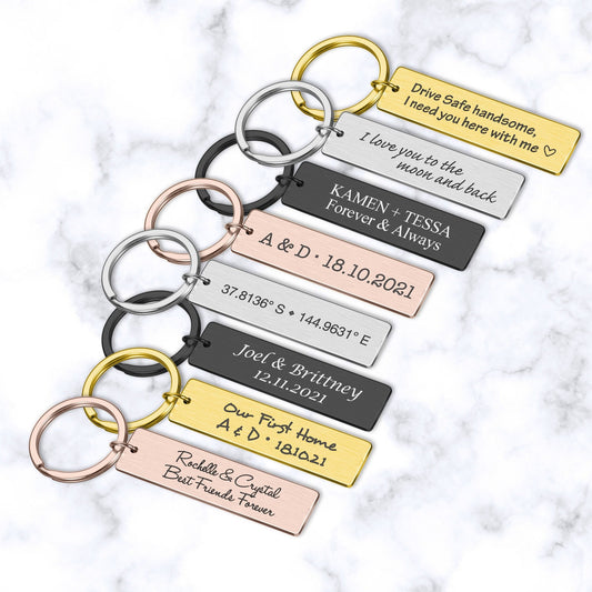 Personalised custom text names date keyring gift for boyfriend dad mum couple anniversary | steel silver black gold keychain