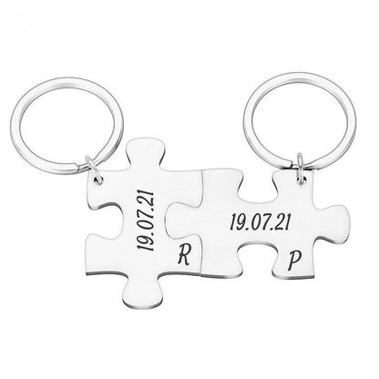 2 X Personalised interlocking jigsaw puzzle keyrings set with date & initials