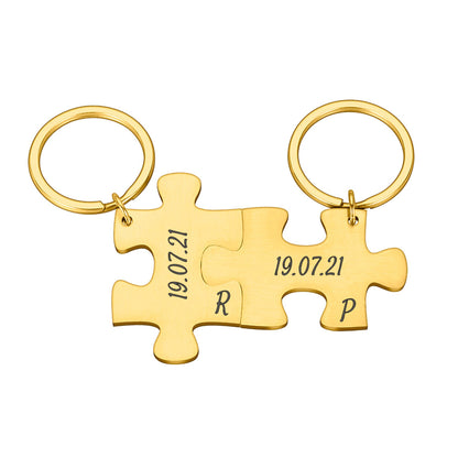 2 X Personalised interlocking jigsaw puzzle keyrings set with date & initials