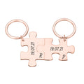 2 X Personalised interlocking jigsaw puzzle keyrings set with date & initials
