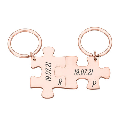 2 X Personalised interlocking jigsaw puzzle keyrings set with date & initials