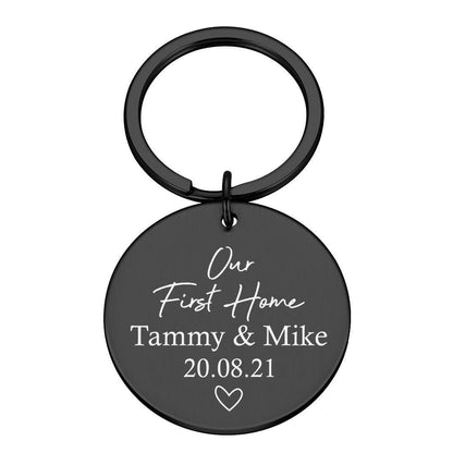 Personalised "Our First Home" round Metal Keyring – New Home or Wedding Gift