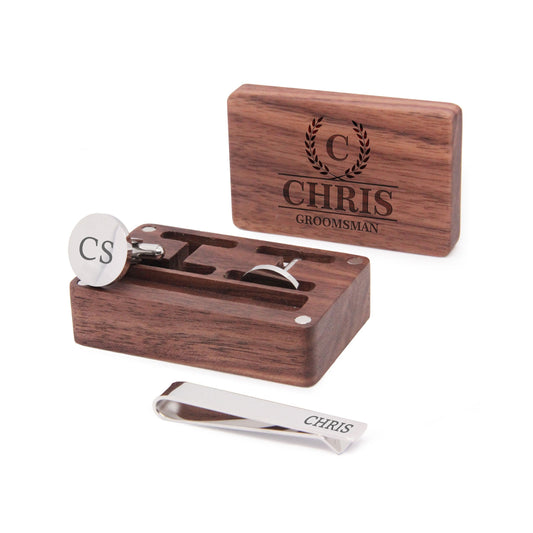 Personalised Engraved Stainless Steel Men’s Round Cufflinks with Tie Pin & Wooden Box | Groom, Best Man, Husband Wedding, or Christmas Gift