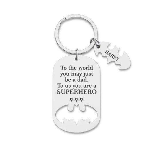 Personalised batman fathers day keyring gift to the world you are just a dad but to us you are a superhero | custom names text keychain