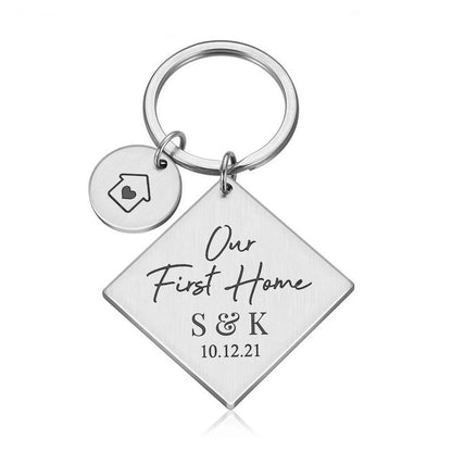 Personalised Our First Home Square Metal Keyring with Round Charm