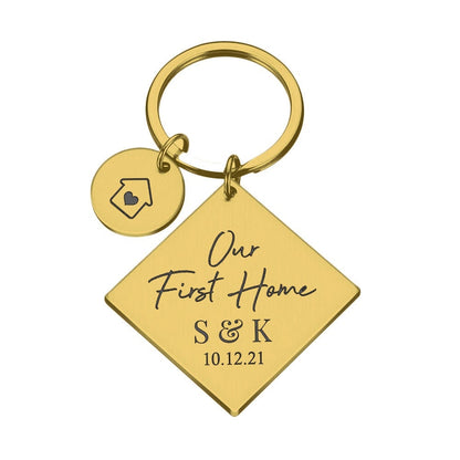 Personalised Our First Home Square Metal Keyring with Round Charm