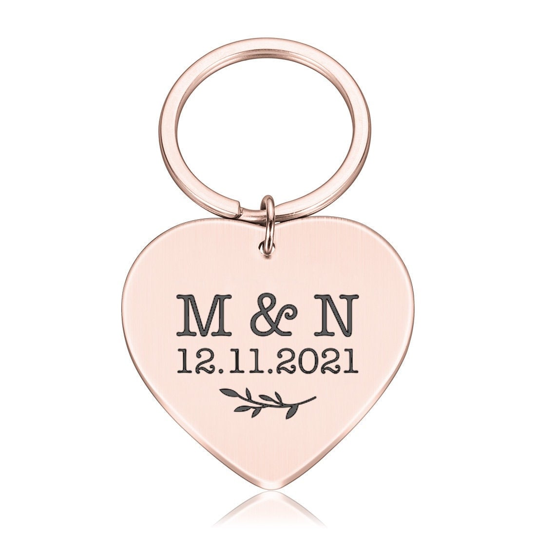 Personalised heart shape metal keyring with initials & date