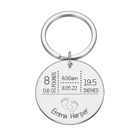 Personalised round baby arrival announcement metal keyring