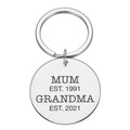 Personalised engraved round metal keychain with "Mum est." "Grandma Est."