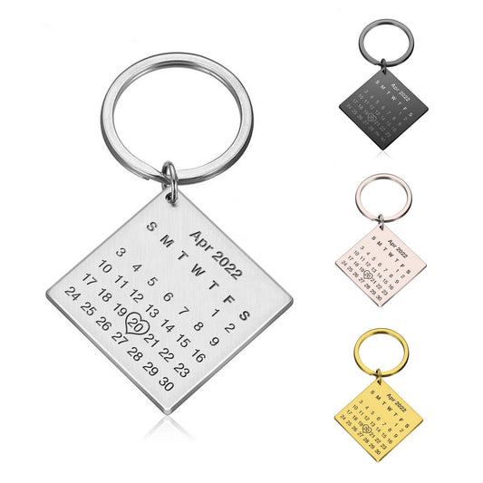 Personalised Square Metal Calendar Keyring – Special Date Highlighted with a Heart