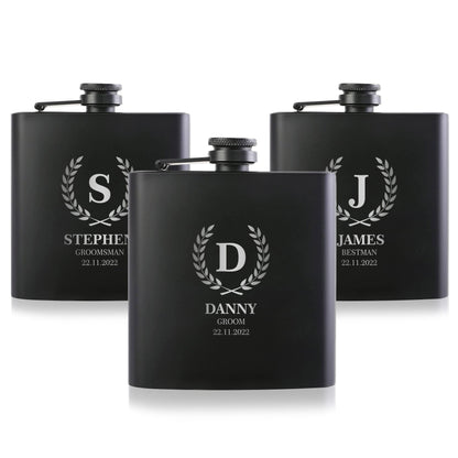 Personalised Black Steel 6oz Flask Gift | Custom Names, Date & Initials