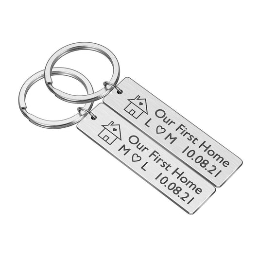 2 x personalised first home couple keyring set new home housewarming keyrings gifts | custom initials date keychains steel silver black gold