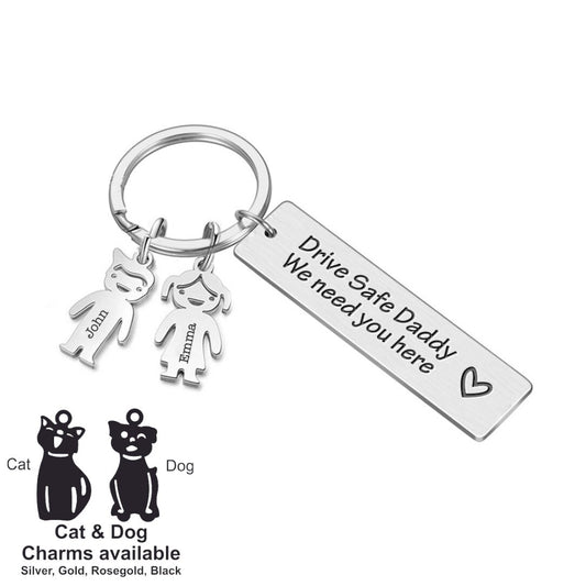 Personalised drive safe metal family keyring gift | custom text names | Christmas family gift   | stainless steel kids charms keychain