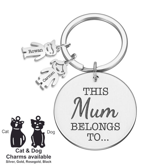 Personalised round keyring | Mother's day Gift| this mum belongs to metal family keyring gift | custom text names | for mummy nana grandma kids keychain