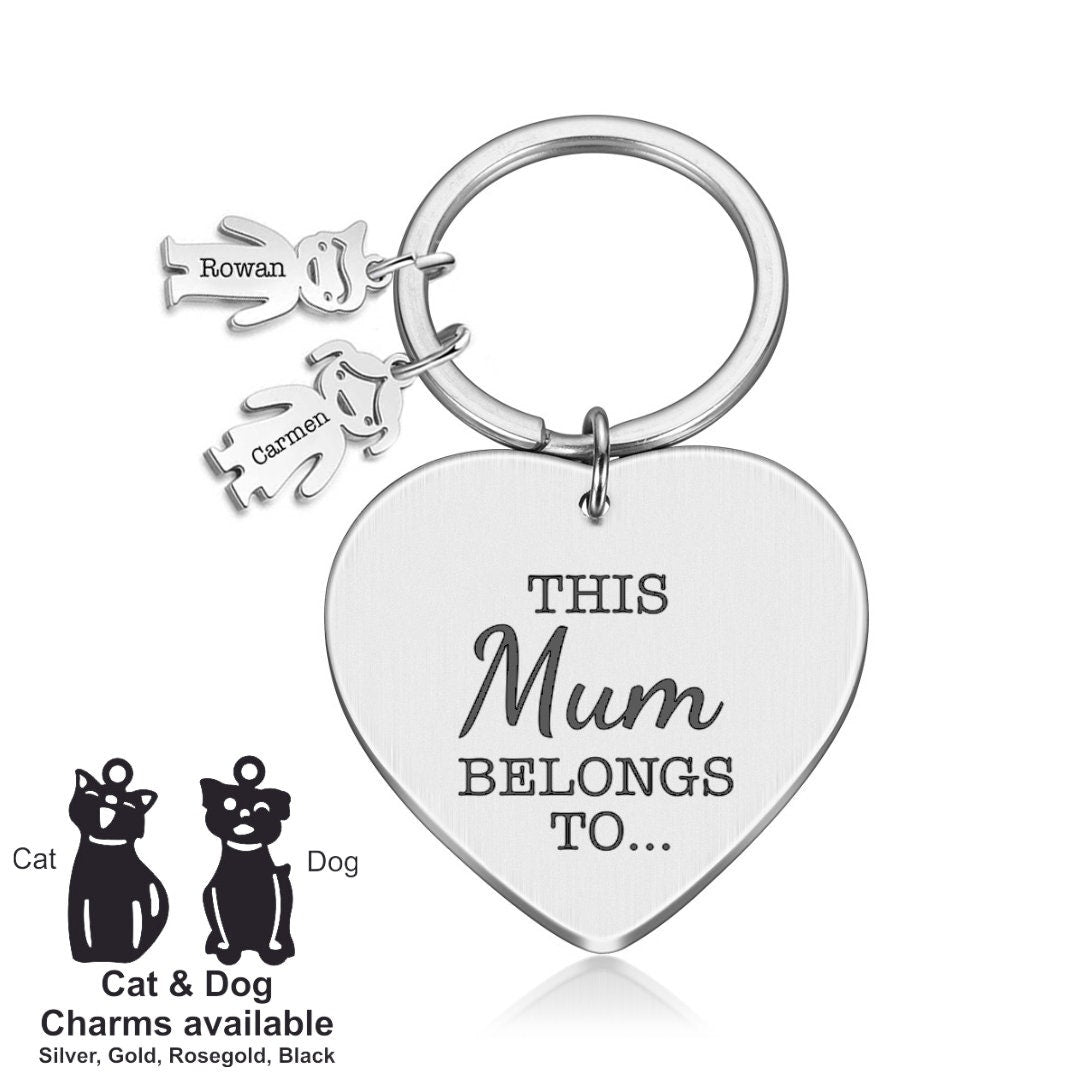 Personalised Engraved Heart Metal Keyring Gift With Figure Charms | This Mummy Belongs To