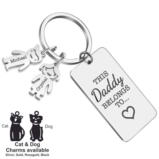 Personalised Engraved Rectangle Metal Keyring Gift With Figure Charms | This Daddy Belongs To
