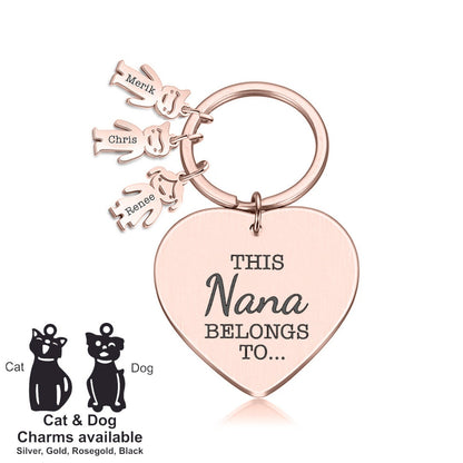 Personalised Engraved Heart Metal Keyring Gift With Figure Charms | This Mummy Belongs To