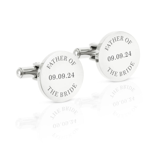 Personalised engraved round stainless steel father of the bride mens wedding cufflinks gift with custom date text | silver black cuff links