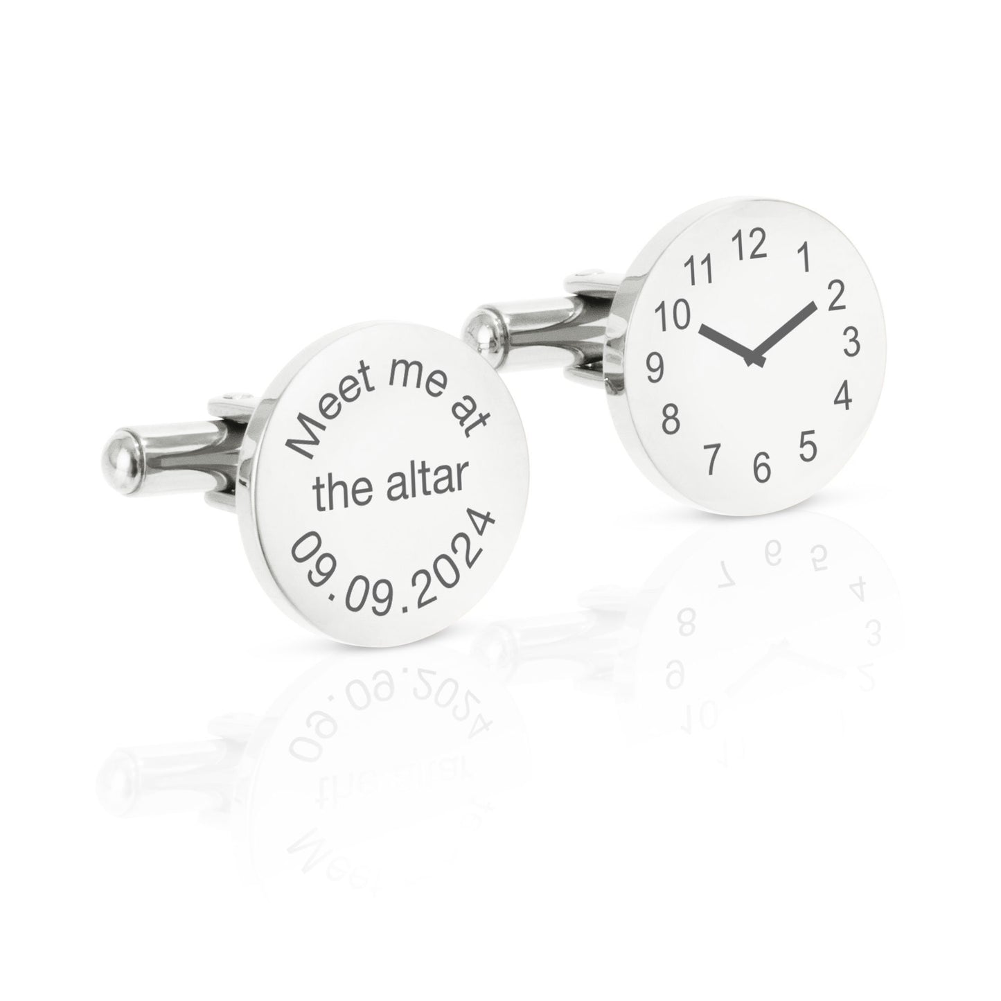 Personalised Engraved Round Cufflinks | "Meet Me at the Altar" with Clock Design