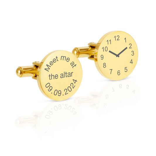 Personalised stainless steel meet me at the altar round engraved mens shirt cufflinks with custom date time clock | silver black cuff links