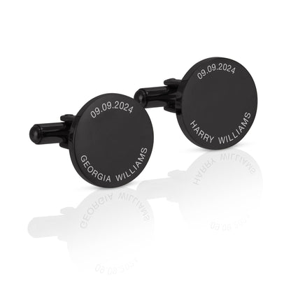 Personalised Engraved Round Cufflinks | Name and Date Along the Edge